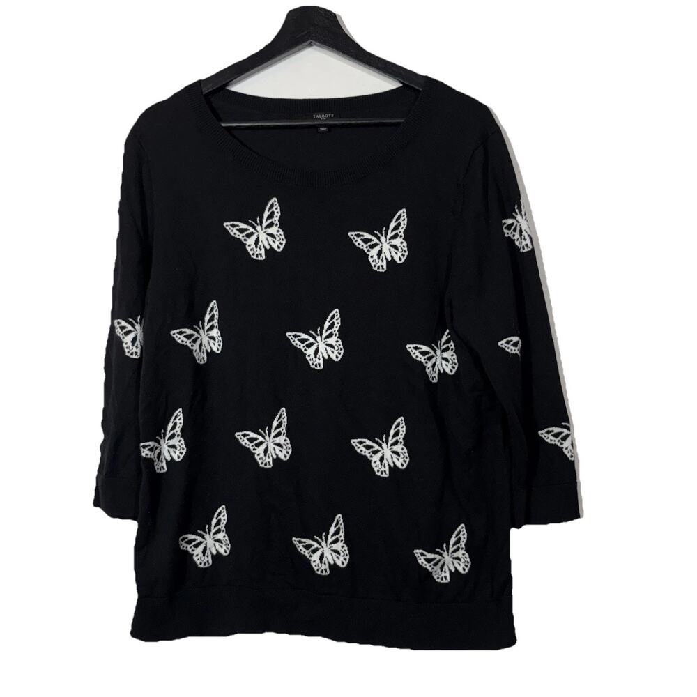 Talbots Sweater Black Butterfly White Graphic Knit 3/4 Sleeve Womens 1X Plus